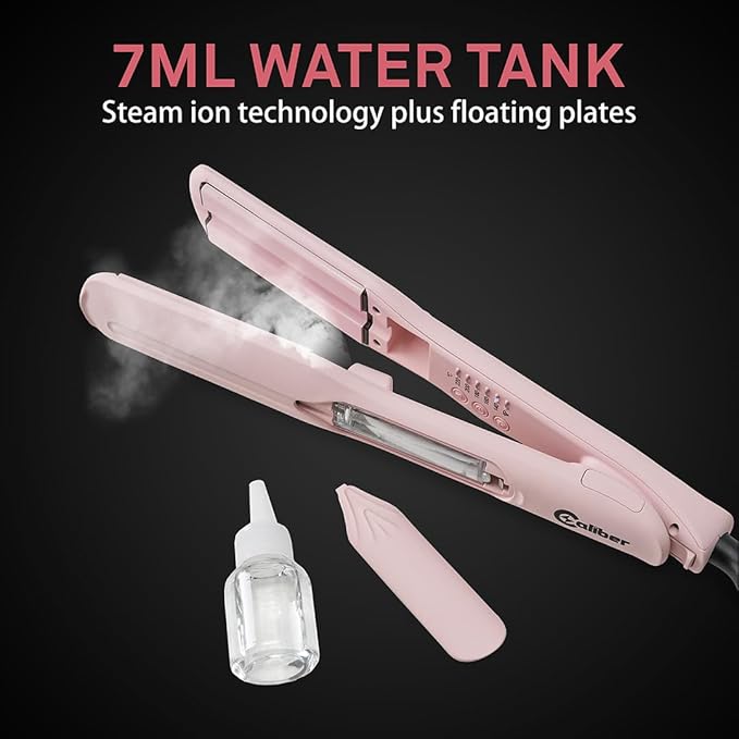 Caliber VaPURE Hair Straightener, Infrared Ultrasonic Spray Mist Flat Iron, Ceramic Plates, 5 Temperature Settings, Pink