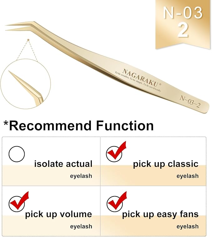 NAGARAKU Eyelash Extension Tweezers Gold Straight Curved Angled Long tip Volume Cluster Light Weight Easy Fanning Tweezer Stainless Steel Precision 1 Pair Lash Applicator Tool (N-02-2 & N-03-2)