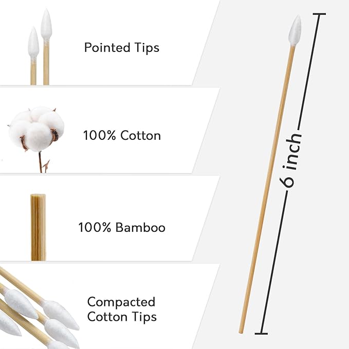 1000PCS 6" Pointed Cotton Swabs - Long Swab with Bamboo Sticks - Lint Free, Highly Absorbent Precision Cotton Tip for Tight Space Cleaning