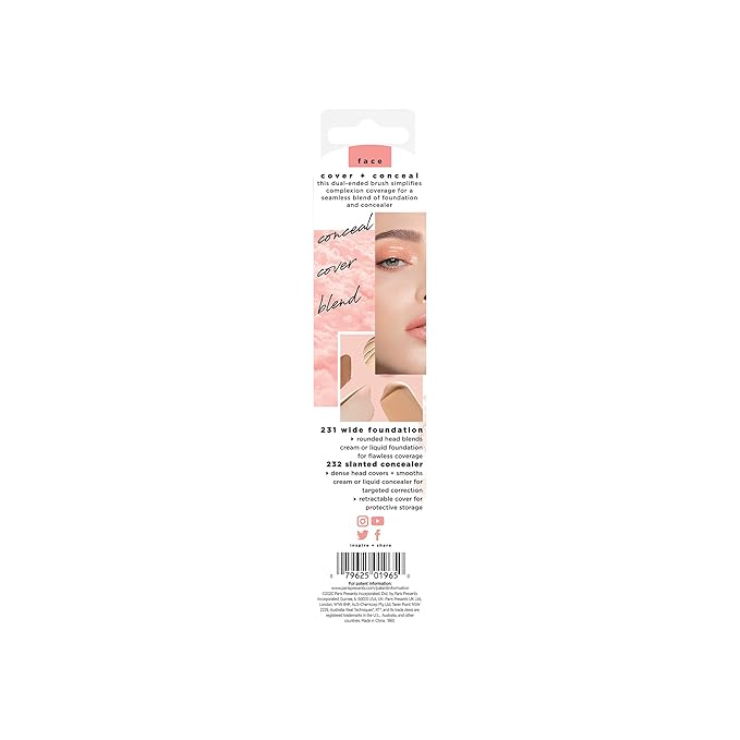 Real Techniques Cover & Conceal Dual Ended 2-in-1 Makeup Brush, For Flawless Foundation Coverage, Smooths and Conceals, Covers Blemishes and Imperfections, Flawless Results, Orange, 1 Count