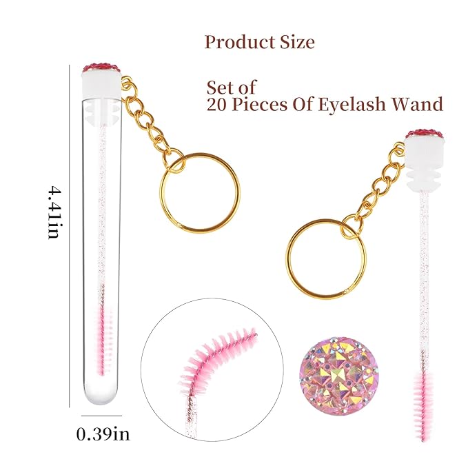 20pcs Mascara Wands Set Includes Crystal Eyelash Spoolies Eyebrow Brush and Reusable Diamond Key Chain Tube Eyelash Extension Supplies (Pink)