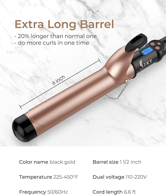1 1/2 inch Extra Long Barrel Curling Iron, 1.5 Inch Large Barrel for Long Hair Ceramic Tourmaline