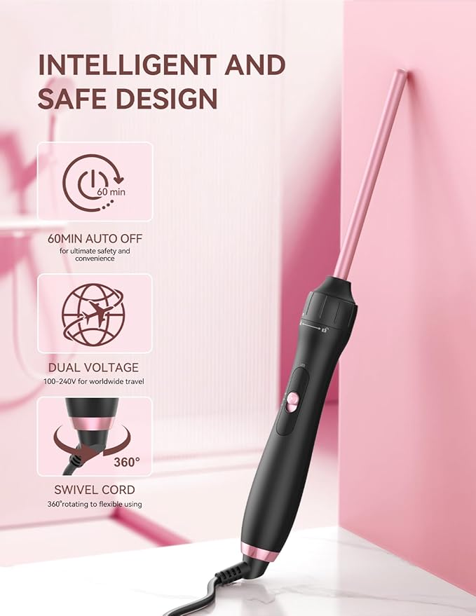 LANDOT Small Pencil Curling Wand Iron: 9mm Clip Free Hair Curler - Professional 3/8 Inch Curling Wand for Tight Curls - Includes Heat Resistant Silicone Mat & Glove