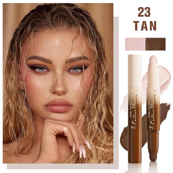 2in1 Darker Nude+Light Pink Cream Contour Highlighter Stick, Dual-Ended Highlighter Makeup Contour Stick, Contour Stick Dual Ended For Face Body Makeup, Long Lasting Waterproof for All Skin Tones