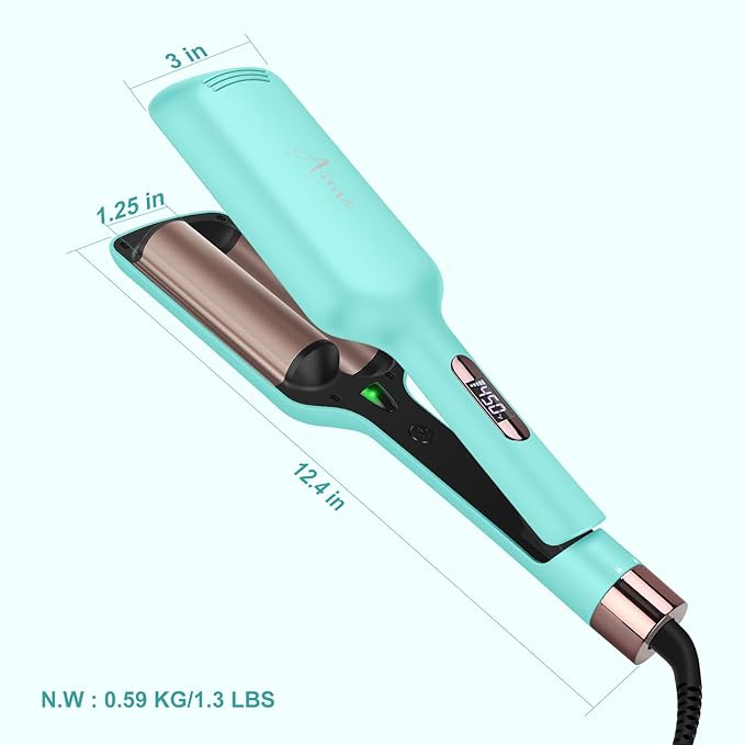 32mm (1.25") Aima Beauty Twins Mermaid Loose Waves Hair Waver, Anti-Scald 2 Barrel Curling Iron, Hair Crimper, Ionic Care Wave Iron Worldwide Dual Voltage 15S Heats Up Medium/Long Hair Light Green