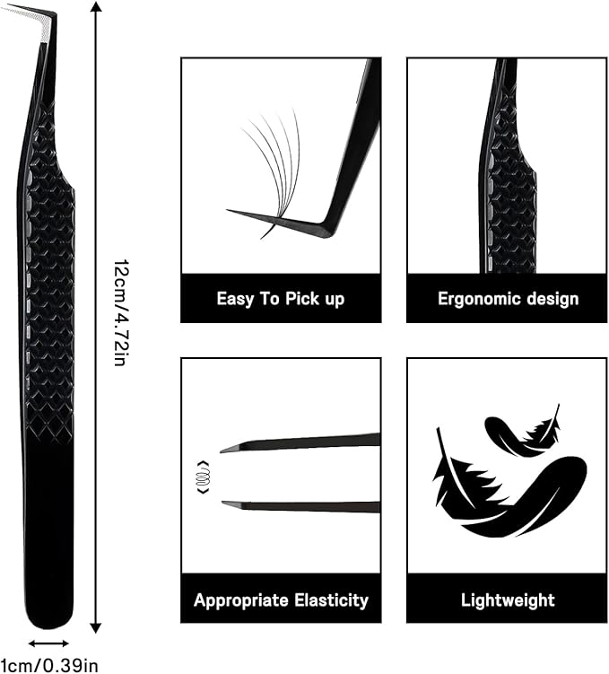 VAVALASH Lash Tweezers for Eyelash Extensions, Fiber Tip Diamond Grip 90 Degree Tweezers for Lash Extension,Professional Precision Black Lash Tweezers for Volume & Classic Lashes (90 Degree Tweezers)