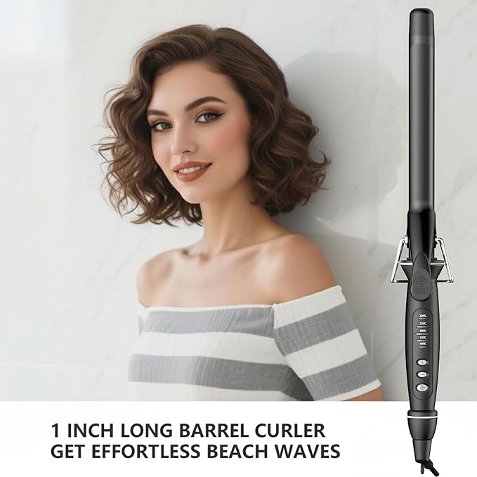 1 Inch Extra Long Barrel Curling Iron, Tourmaline Ceramic Curling Iron with Auto Shut-Off, Dual Voltage 110-240V Hair Curler Suitable for Travel, Including Glove