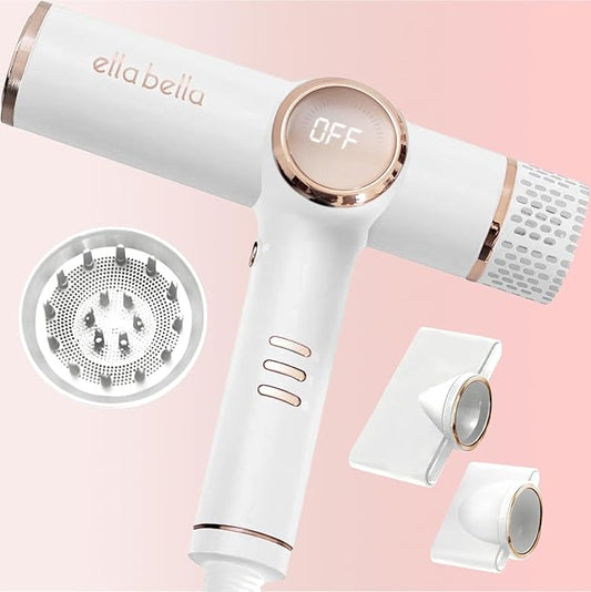 ELLA BELLA® Professional Ionic Hair Dryer with Diffuser • Negative Ion Blow Dryer • Suitable All Hair Types • Intelligent Heat Control & Rapid Drying Speeds • Lightweight Design • Low Noise Technology