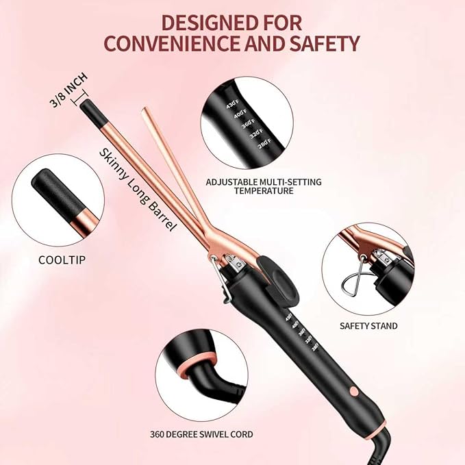 3/8 Inch Small Curling Iron Wand for Short & Long Hair, Ceramic Small Barrel Curling Iron 9mm Thin Curling Wand for Tight Curls with 5 Adjustable Temperature, Heat Resistant Glove Included