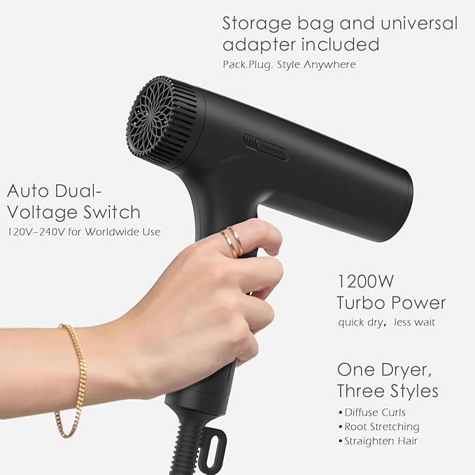 TOME 1200W Hair Dryer Travel Dual Voltage 120V/240V Foldable Blow Dryer with Diffuser Comb Nozzle Storage Bag Universal Power Adapter (Black)