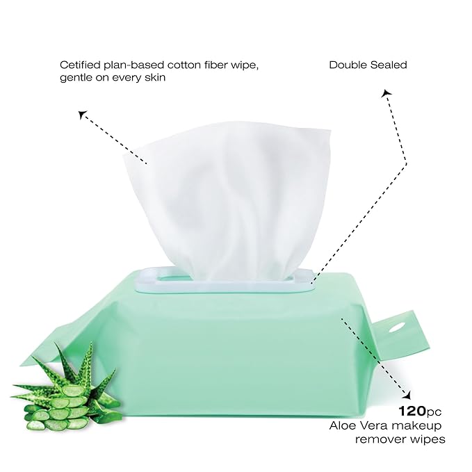 Feladel Aloe Vera Makeup Remover Wipe, 120pcs Gentle & Hydrating Face Wipes With Aloe Extract | Soft, Non-Irritating Cleansing Wipes for All Makeup Types & Daily Use