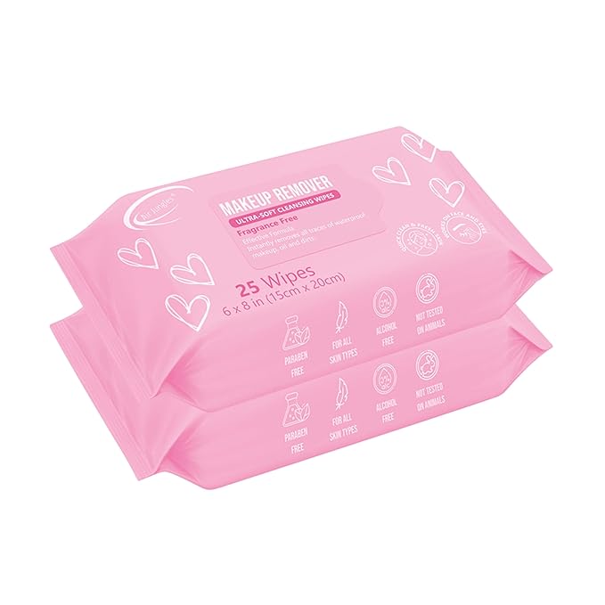 Air Jungles Makeup Remover Wipes 25 Count (Pack of 2), Alcohol-Free & Fragrance-Free, Extra Large Facial Towelettes for Face & Eyes, Removes Waterproof Makeup, Infused with Vitamin E
