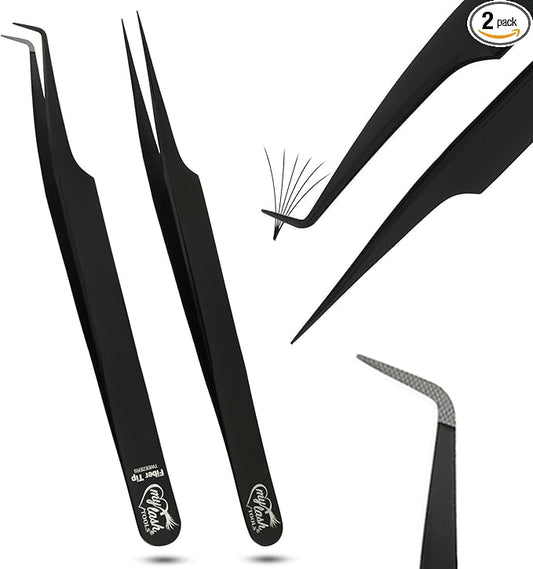 My Lash Tools Fiber Tip Lash Tweezers for Eyelash Extension Curved 90 Degree Angle Boot Tweezer Best for Volume, Individual Isolation & Classic Lashes Stainless Steel Lash Supply (Black 2x Set)