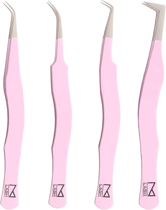 M LASH Eyelash Tweezers for Eyelash Extensions (Set of 4) - Professional Lash Extension Tweezers - Fiber Tip Lash Tweezers, Japanese Steel, Diamond Grip For Flawless Application (Lilac)