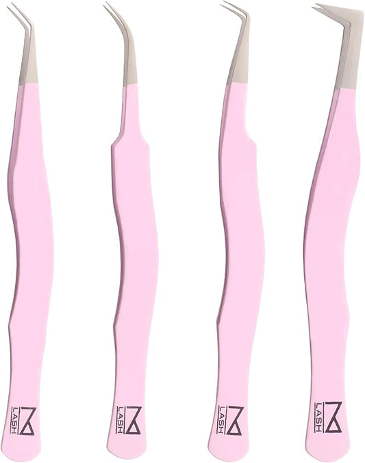 M LASH Eyelash Tweezers for Eyelash Extensions (Set of 4) - Professional Lash Extension Tweezers - Fiber Tip Lash Tweezers, Japanese Steel, Diamond Grip For Flawless Application (Lilac)