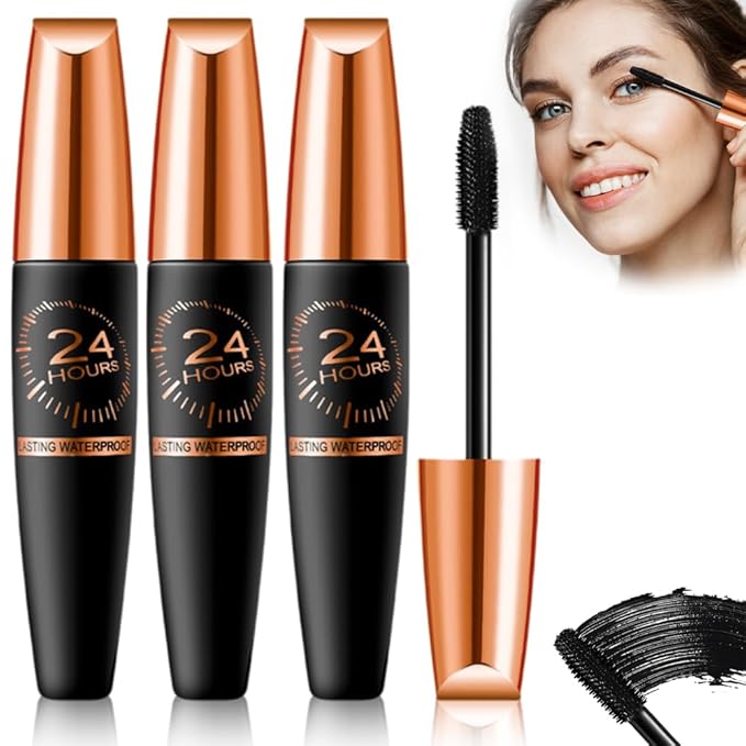 Waterproof Silk Fibre Thick Lengthening Mascara, 4D Silk Fiber Lash Mascara for Older Women, Long Lasting Smudge-Proof Curling Black Eyelashes Mascaras Volume and Length Natural All Day Full (Black*3)