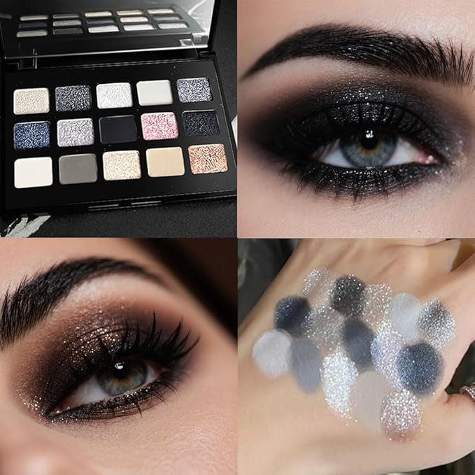 SUAKE 15 Colors Matte Shimmer Pearlescent Eyeshadow Palette for Eye Makeup,High Pigmented Smoky Dark Punk Metal Eye Shadow Primers Powder, Flashing sombras de ojos for Cosplay - Black Gold Blue Brown