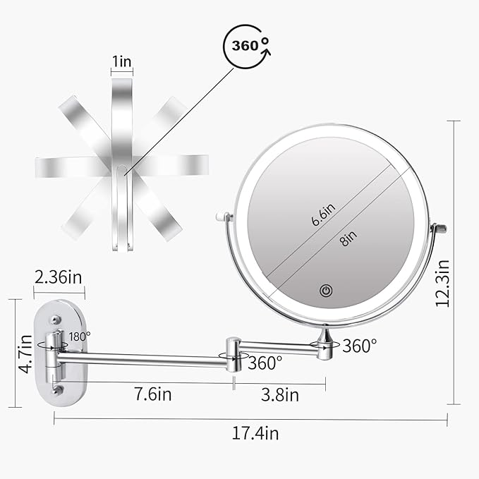 FUNTOUCH 5000mAh Rechargeable Wall Mounted Lighted Makeup Vanity Mirrors, Double Sided 1X 30X Magnifying, 3 Color Lighting, Touch Screen Dimming, Extended Arm 360 Rotation Shaving Bathroom Mirror