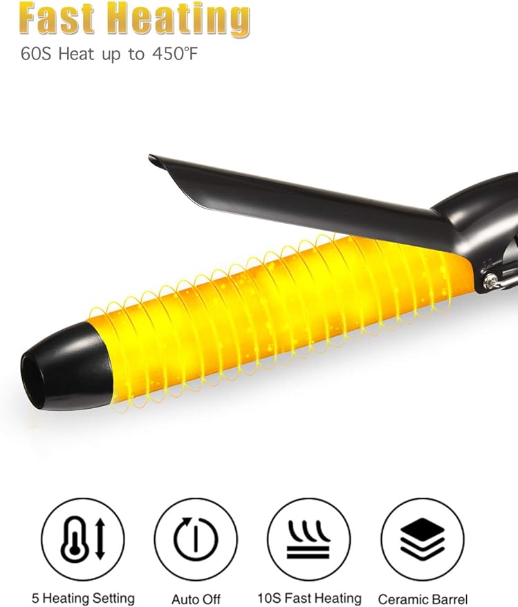 LANVIER 1.25 Inch Curling Iron, Extra Long Barrel 1 1/4 Inch Curling Iron for Long Hair up to 450F, Worldwide Dual Voltage Hair Curler for Traveling, Hair Waving Style Tool Black