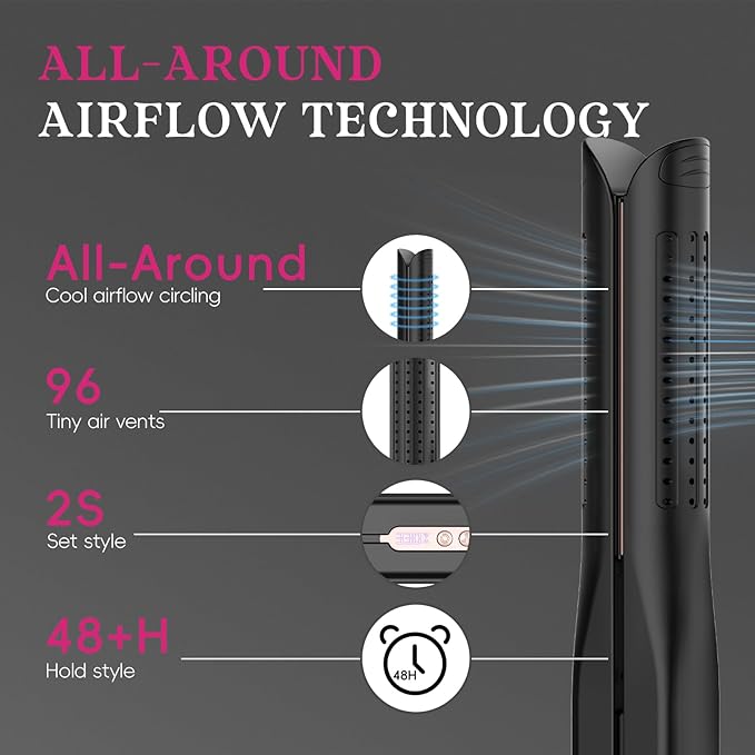 SKIMI Airflow Styler, Titanium Flat Iron Hair Straightener, Professional Curling Iron with Cooling Air Vents to Lock in Style, 5 Temps & Dual Voltage, Auto Off (Black & Pink).