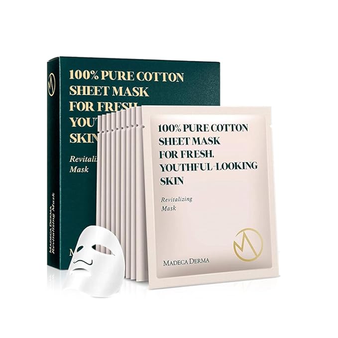 Madeca DERMA Revitalizing Sheet Mask 20pcs (100% Pure Cotton Sheets) with Centella Asiatica, Hyaluronic Acid, and Niacinamide – Korean Skincare for Hydration & Skin Brightening for All Skin Types