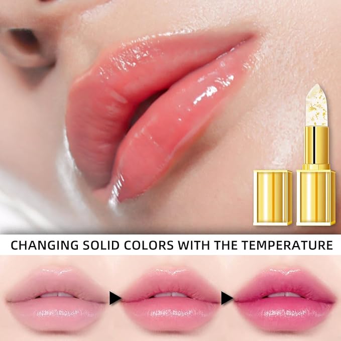 2pc Transferproof Color Changing Lipstick，Color Changing Lipstick, Gold Crystal Temperature Change Moisturize