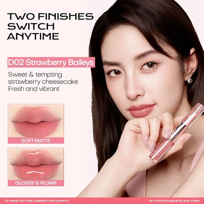 Mistine Lip Gloss Double Headed Lip Glaze Color Holding Lip Jelly Hydrating Gloss Moisturizing Balms Sheer Tint, Shine Glowy Matte Finish 0.05fl oz+0.05 fl oz D05 CARAMEL WHISKEY