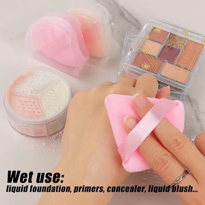 Ocim 10Pcs Powder Puffs for Face Powder,Soft Velour Triangle Beauty Puff,Makeup Pressed,Baking & Setting Powder Sponge Applicator Pads with Case,Black&Pink