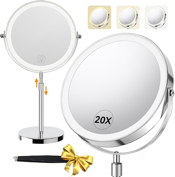 20X/1X Lighted Vanity Makeup Mirror, 3000mAh Rechargeable Height Adjustable Double Sided Magnifying Mirror, 3 Color Light, Brightness Adjustable, 360° Rotation, Women Gift