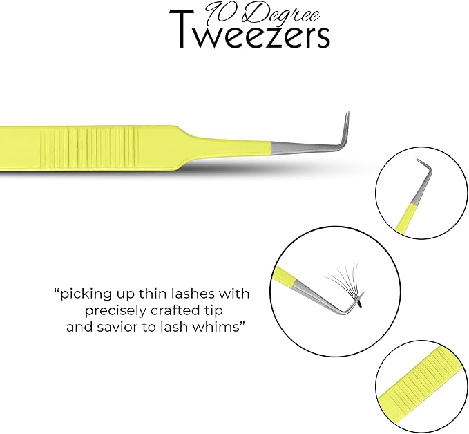 SIVOTE Lash Tweezers for Eyelash Extensions Fiber Tips, Set of 3, Volume, Volume Boot, 90 Degree Tweezers, Blue Yellow Orange