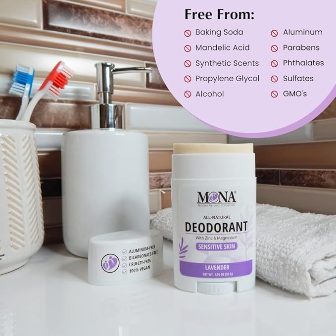 MONA BRANDS All Natural Deodorant For Women & Men | For Sensitive Skin | No Aluminum or Baking Soda | (2-Pack LAVENDER 1.76 Oz each)