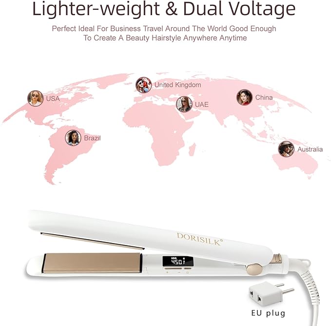 DORISILK Ceramic Flat Iron 450 Degrees, Hair Straightener and Curler 2 in 1, 30s Fast Heat Straightening Iron for Hair, Dual Voltage Hair Iron 1 Inch Salon Control Temp Gift for Women Girls, White