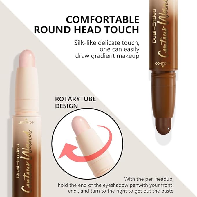 2in1 Darker Nude+Light Pink Cream Contour Highlighter Stick, Dual-Ended Highlighter Makeup Contour Stick, Contour Stick Dual Ended For Face Body Makeup, Long Lasting Waterproof for All Skin Tones