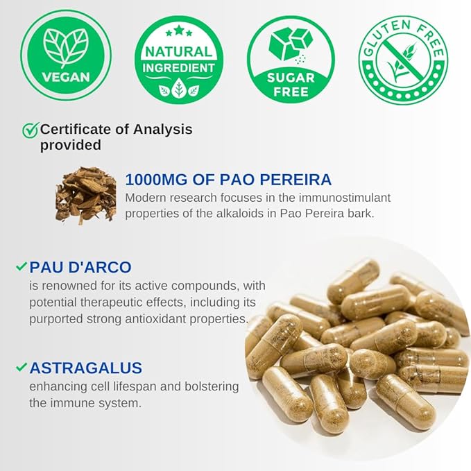 VINATURA Pao Pereira + PAU D'Arco, Astragalus - 1300MG Serving, USA Made & Tested, Stem Cells and Immune Support, 60 Capsules