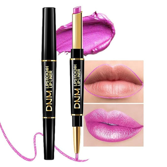 evpct 1Pcs Pink Metallic Shine Shimmer Lip Liner and Lipstick Combo Set Kit for Women, Lightweight Hydrating Formula High Impact Full Coverage Lipstick and Lip Liner Makeup Stains Gloss, 19#