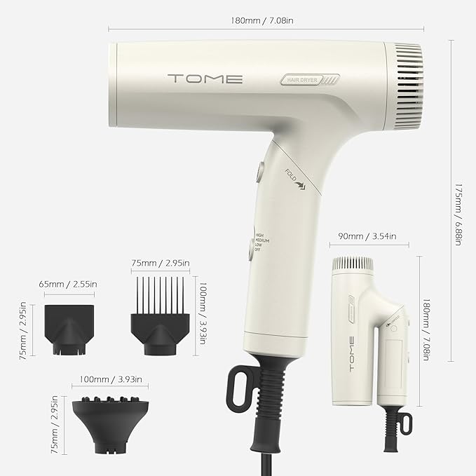 TOME 1200W Hair Dryer Travel Dual Voltage 120V/240V Foldable Blow Dryer with Diffuser Comb Nozzle Storage Bag Universal Power Adapter (White)