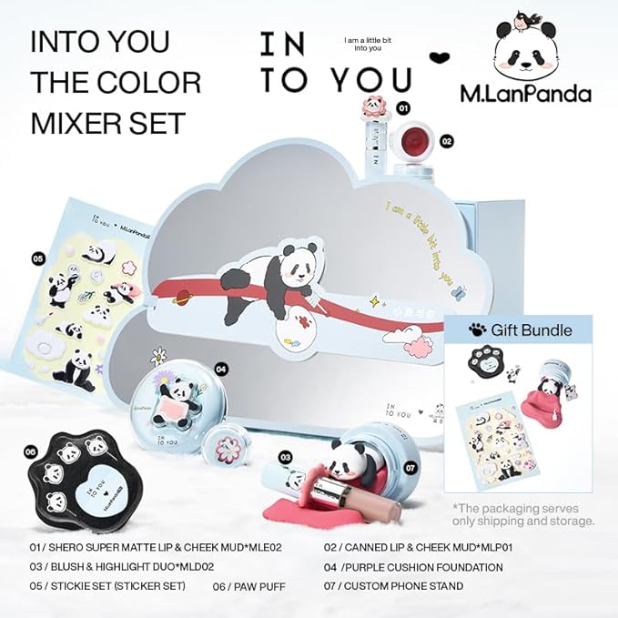 INTO YOU x M.Lan Panda The Color Mixer Set Limited Edition - 7 pieces Makeup Box Sets, Matte Lipstick + Canned Lip Mud + Blush & Highlight Duo + Cushion Foundation + Gift Bundle, L02 Set