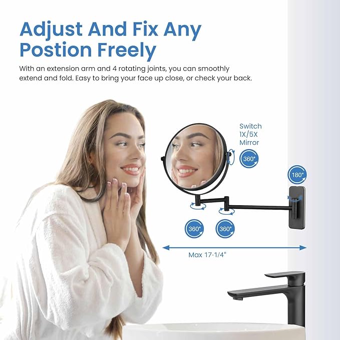 KIBI Circular Wall Mount Makeup Mirror, Dual-Sided 1x/5x Magnifying Mirror with Extendable Arm, 360° Swivel, Solid Brass Construction for Durability and Style (Matte Black - KMM100)