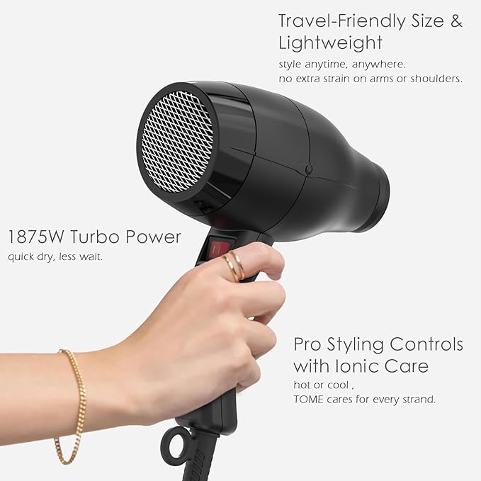 TOME Hair Dryer with Diffuser Blow Dryer Ionic 1875W Cool Shot Curly Hair Teeth Comb Nozzle attachments Light Weight Low Noise Fast Dry Black