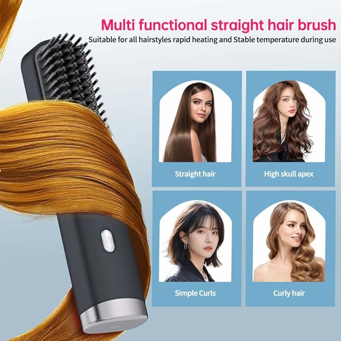 Cordless Hair Straightener Brush Portable on The go Comb for Travel USB chargingTwo Power sources30s Fast HeatingLCD Large Screen Display (Black)