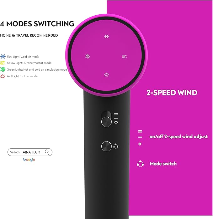 AINA Hair Dryer, Blow Dryer - Brushless Motor, 110,000 RPM Lightweight, Ionic Travel 110V/ALCI Plug(Sexy Rose)