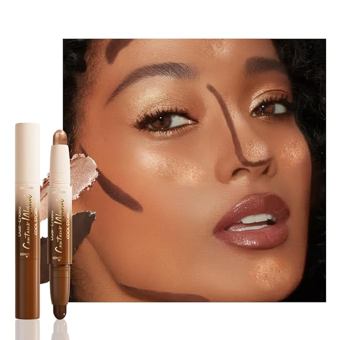 2in1 Black Cocoa+Bronzer Shimmer Cream Contour Highlighter Stick, Dual-Ended Highlighter Makeup Contour Stick, Contour Stick Dual Ended For Face Body Makeup, Long Lasting Waterproof for All Skin Tones