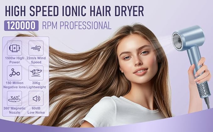 Hair Dryer,120 Million Negative Ions High-Speed & Low Noise Blow Dryer for Fast Drying, Thermo-Control Quiet Compact Hair Blow Dryer with Magnetic Styling Nozzle for Students and Home(Blue)