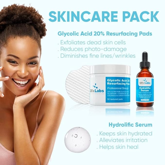 QRxLabs Skincare Pack: Glycolic Acid 20% Resurfacing Pads + Hydrolific Serum - Smoother, more Hydrated and more Radiant Skin in a Simple Treatment