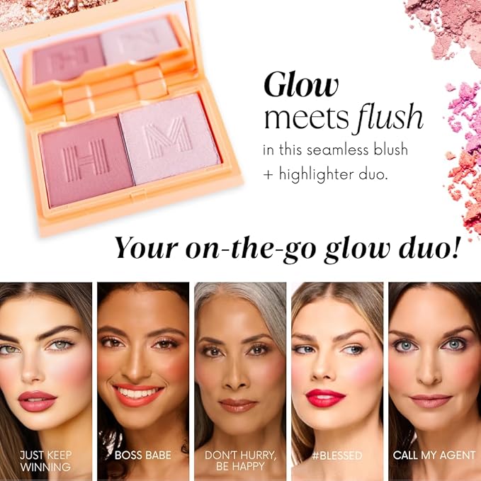 Blush + Brighten Highlighter Duo, Mini Lightweight Blendable Shimmer Blush, High Pigmented Makeup Powder Palettes, Cruelty Free - Don't Hurry, Be Happy!