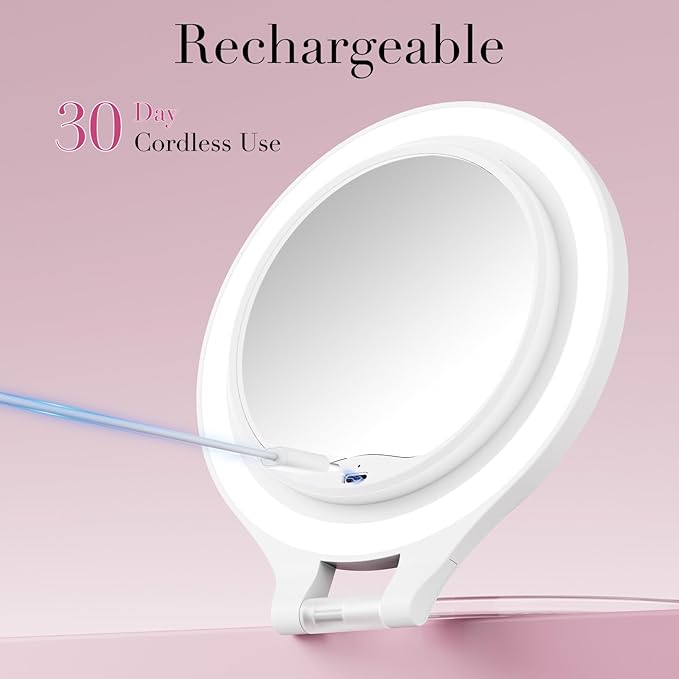 Magnifying Mirror with Light 10X/1X, Double Sided travel mirror with light, Rechargeable makeup mirror with 3 color setting Adjustable stand Lighted mirror Vanity Portable Desk Cosmetic Mirror