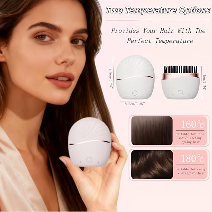 Mini Hair Straightener Brush, Portable Brush for Women Hair Care, Rechargeable Hair Straightener Comb with 2 Temperature Settings & Built-in Mirror, Straight Hair Comb for Home Travel (Pink)
