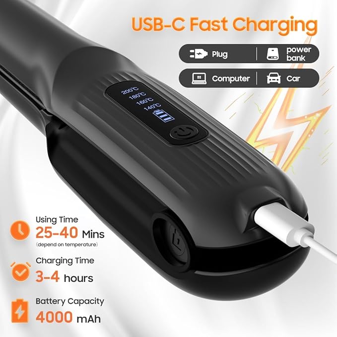 Cordless Hair Straightener, Portable Flat Iron for Travel, 2 in 1 Hair Styling Tools for straightening and Curling, Lightweight on-The-go, 4000 mAh Battery, Fast USB-C Charging&LED Power Display