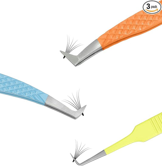 SIVOTE Lash Tweezers for Eyelash Extensions Fiber Tips, Set of 3, Volume, Volume Boot, 90 Degree Tweezers, Blue Yellow Orange
