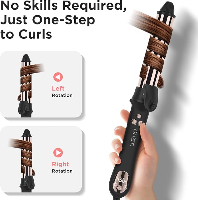 Prizm 1.25inch/32mm Automatic Curling Iron for Big Curler, Rotating Curling Wand Up to 450°F, LCD Display, Auto-Shut Off & Dual Voltage, Negative Ion